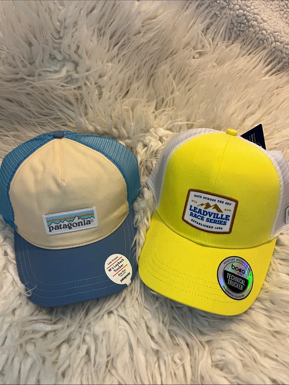 NWT Patagonia Cream and Blue  + Leadville Bright Yellow Trucker Hat Bundle